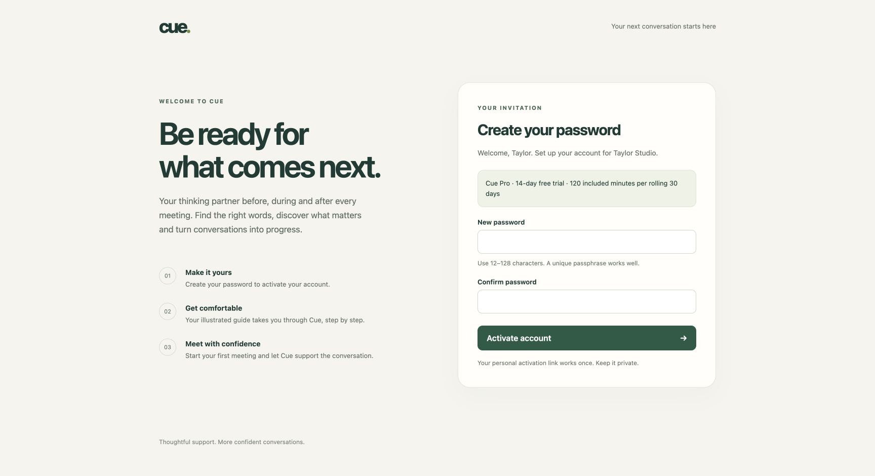 Cue activate your account screen with the controls described in the numbered steps