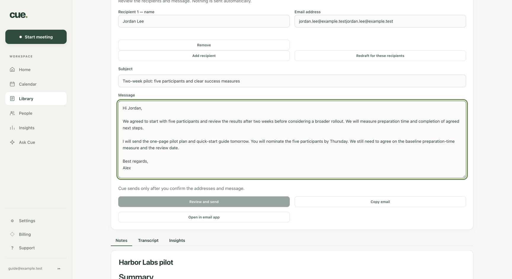 Cue review and send a follow-up screen with the controls described in the numbered steps