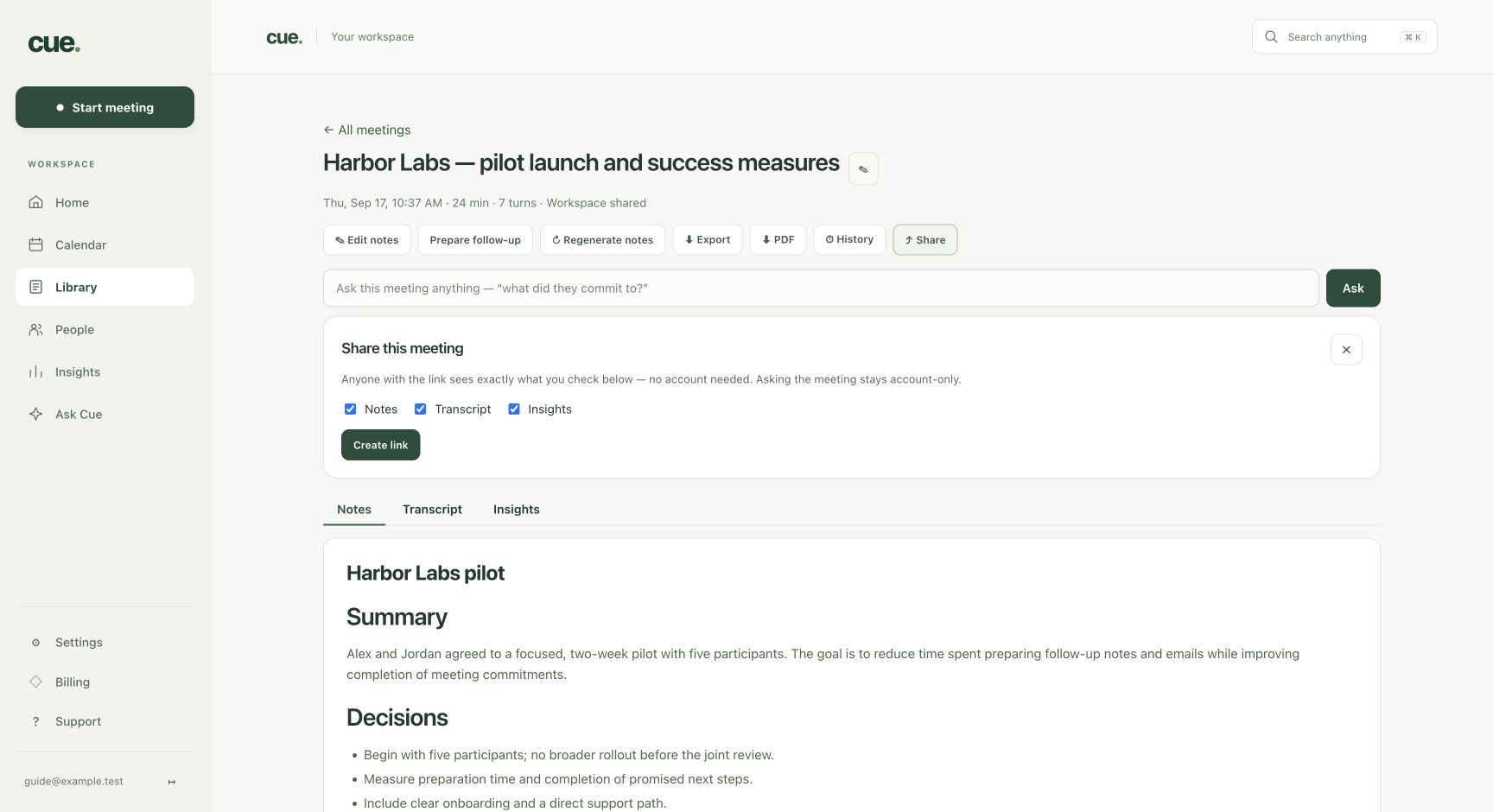 Cue find and share saved meetings screen with the controls described in the numbered steps