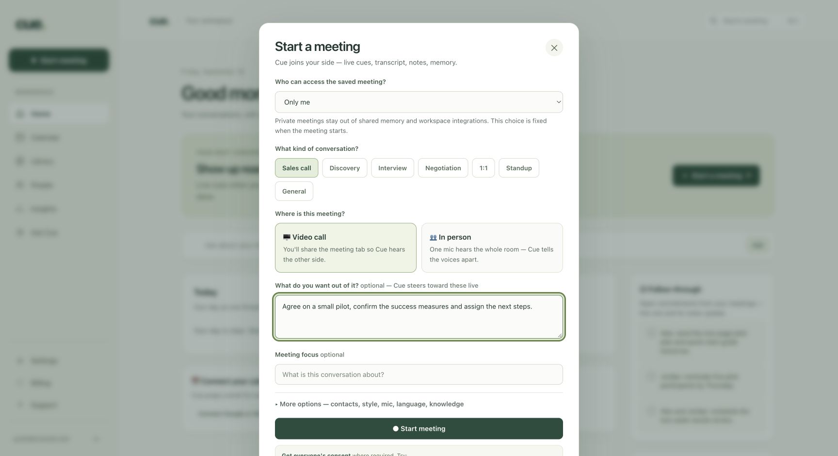 Cue start your first meeting screen with the controls described in the numbered steps