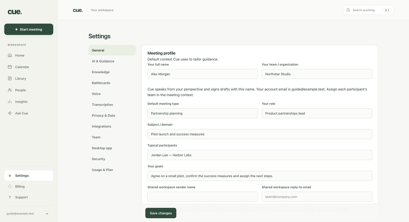 Cue set your identity and context screen with the controls described in the numbered steps