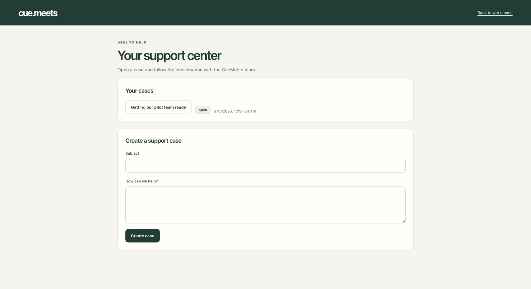 Cue create and follow a support case screen with the controls described in the numbered steps