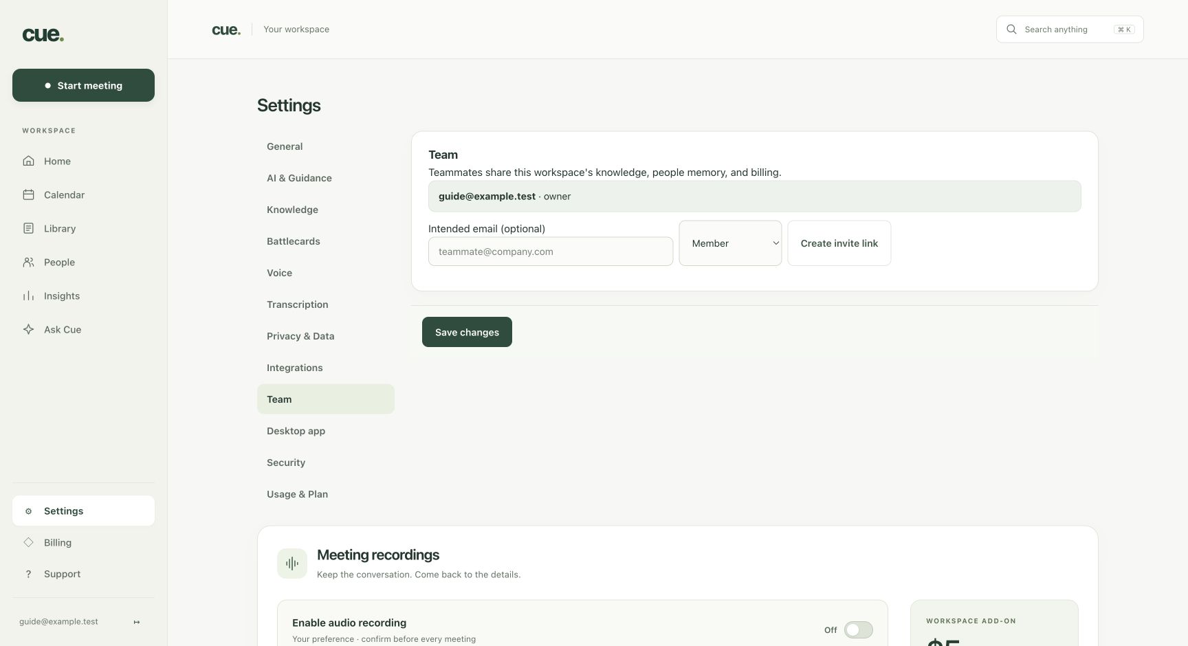 Cue manage your workspace team screen with the controls described in the numbered steps